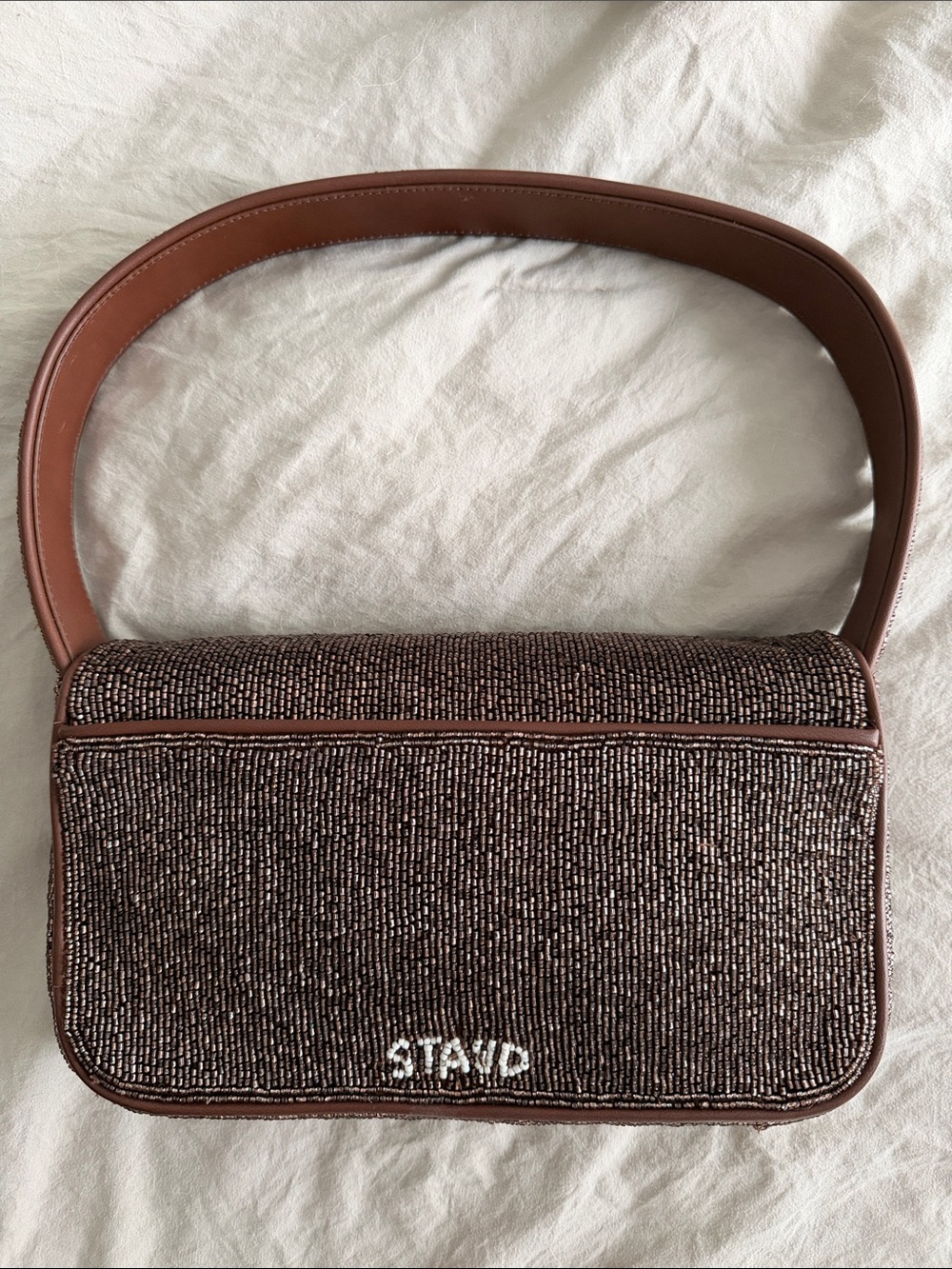 STAUD Brown Beaded Shoulder Bag with Leather Trim